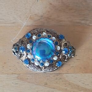 Gold-Tone Blue Cabochon and Crystal Floral Brooch